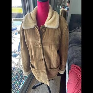 Dennis Basso Coat Womens Small Tan Suede Leather Mobwife Faux Fur